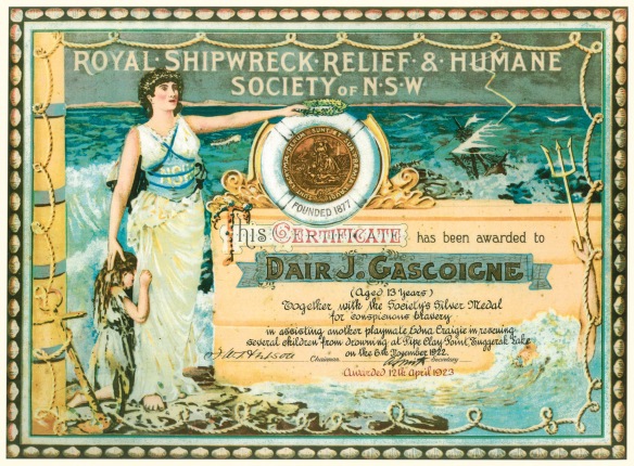 Certificate of Merit awarded to James Gascoigne in 1923 by the Royal Shipwreck Relief & Humane Society.