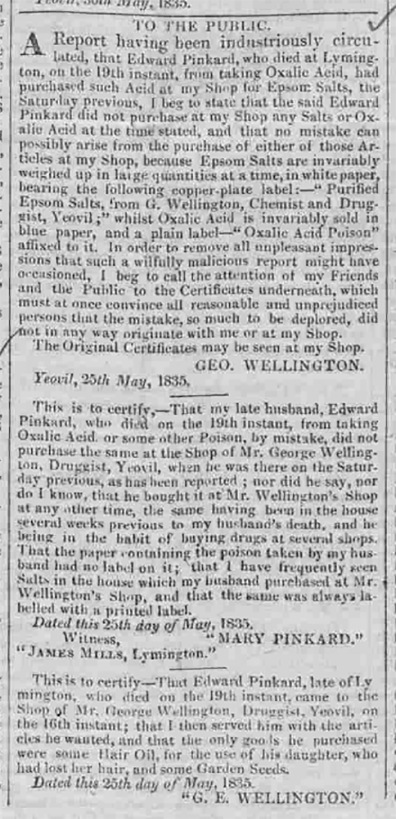 Public notices and statutory declarations by George Wellington, Mary Pinkard and George Edwards Wellington stating that the late Edward Pinkard “didn't buy it from us!” . [The Western Flying Post and Sherborne Mercury, 1 June 1835]