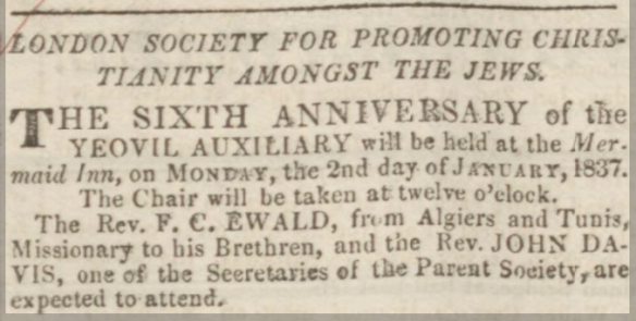 A notice for a meeting similar to the one Susanah mentions in her Journal. Sherborne & Yeovil Mercury, 26 December 1836.